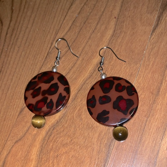 Cheetah Print plus real Tiger Eye Stone Earrings - Picture 1 of 4